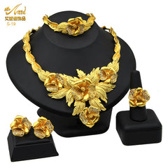 Renevo Dubai Gold Accessories Indian Flower Bridal Jewelry Suit Saudi Women's Necklace Bracelet Earrings Four-Piece Ring Set