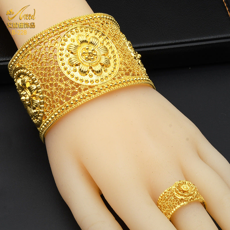 Renevo 24K Gold Dubai Bridal Bracelet Ring Middle East Indian Bridal Wedding Big Sand Gold Bracelet Ring in Stock