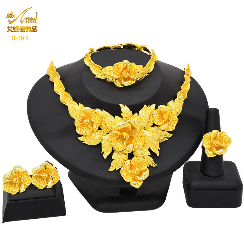 Renevo Dubai 24K Gold Accessories African Bridal Jewelry Suit Saudi Women Necklace Bracelet Earrings Four-Piece Ring Set