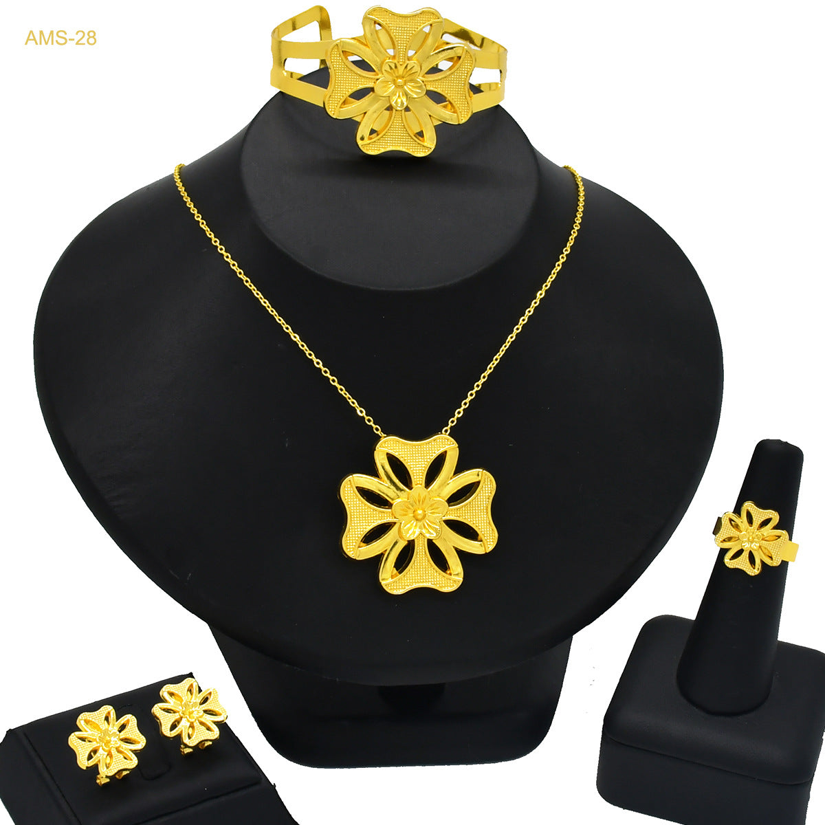 Renevo 24K Gold-Plated Jewelry Suit Flower Three-Petal Grass Pendant Necklace Earrings Bangle Suit Ring Fashion Ornament