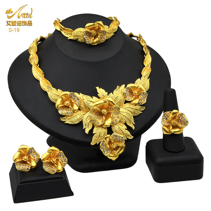 Renevo Dubai 24K Gold Accessories African Bridal Jewelry Suit Saudi Women Necklace Bracelet Earrings Four-Piece Ring Set