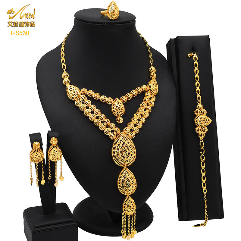 Renevo Hot Selling Dubai Gold Not Easy to Fade Tassel Necklace Bracelet Ring Earrings Suit Manufacturer