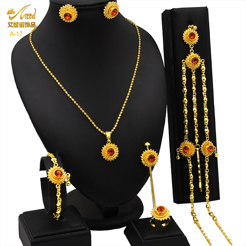 Renevo New Dubai 24K Gold Jewelry Suit African Bridal Necklace Earring Ring Bracelet Hairpin Head Chain Six-Piece Set