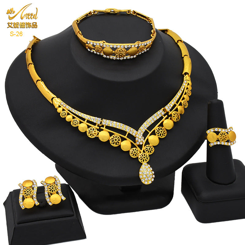 Renevo Hot Selling Four-Piece Set India Dubai Alluvial Gold Jewelry Necklace Bracelet Ring Earrings Bridal Wedding Big Jewelry