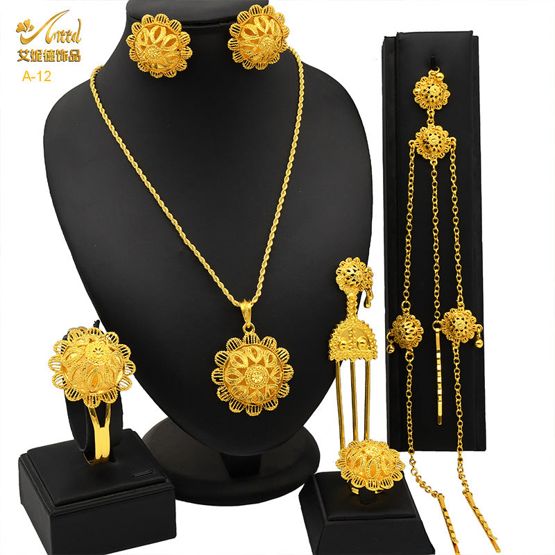 Renevo New Dubai 24K Gold Jewelry Suit African Bridal Necklace Earring Ring Bracelet Hairpin Head Chain Six-Piece Set