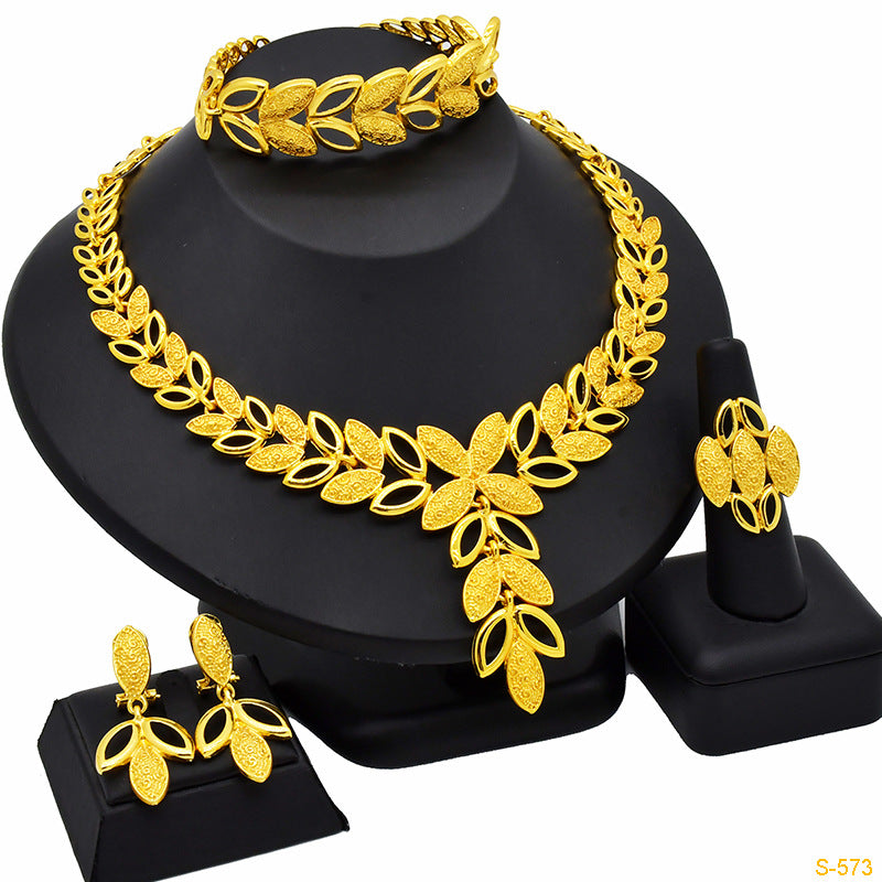 Renevo 24K Dubai Gold Jewelry Suit African Popular Jewelry Earrings Four-Piece Set Factory in Stock