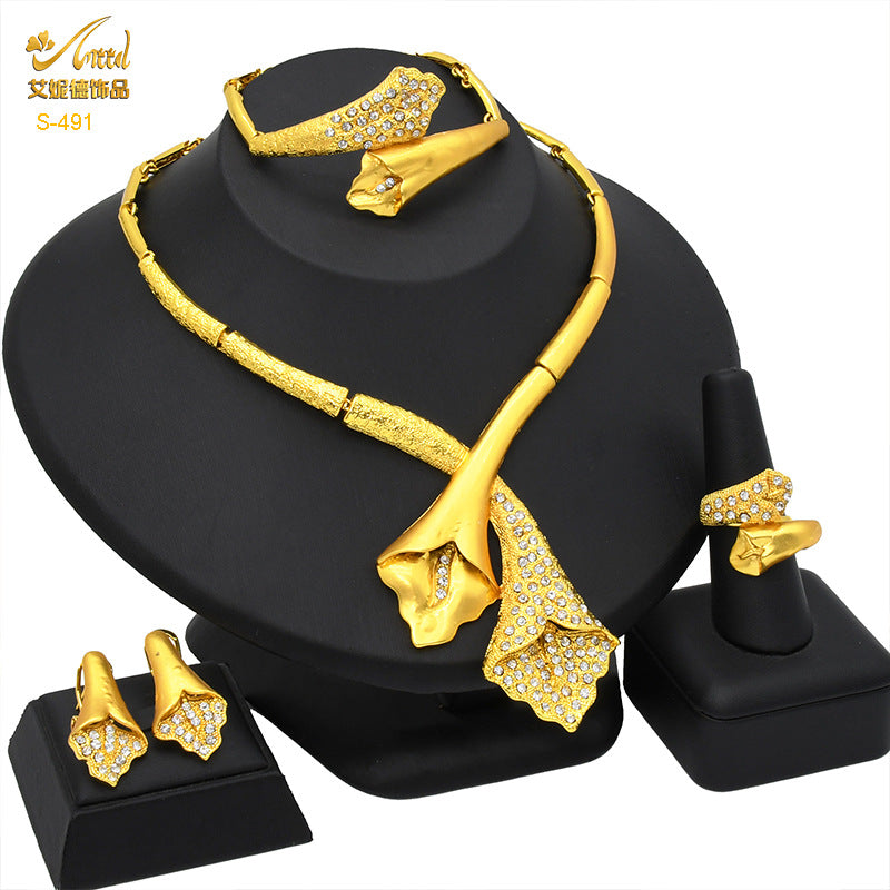 Renevo Dubai 24K Gold Jewelry Suit Women's Saudi Bride Wedding Necklace Earring Ring Bracelet Four-Piece Set