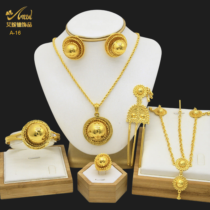 Renevo New Dubai 24K Gold Jewelry Suit African Bridal Necklace Earring Ring Bracelet Hairpin Head Chain Six-Piece Set