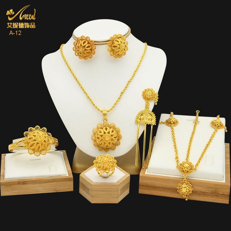 Renevo New Dubai 24K Gold Jewelry Suit African Bridal Necklace Earring Ring Bracelet Hairpin Head Chain Six-Piece Set