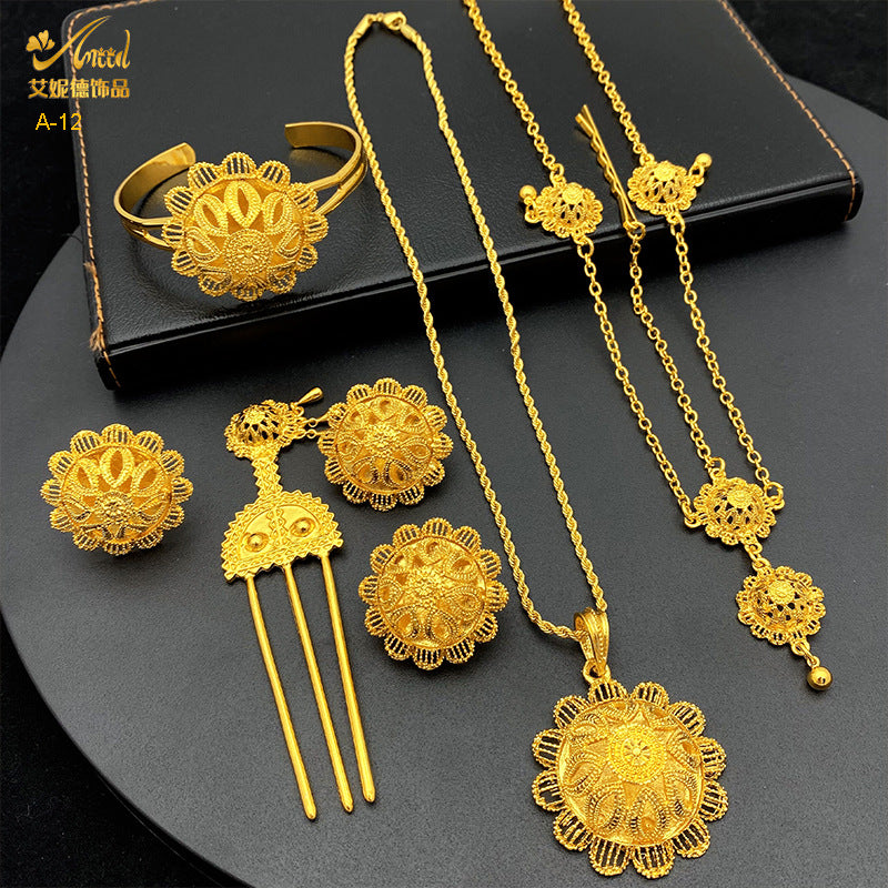 Renevo New Dubai 24K Gold Jewelry Suit African Bridal Necklace Earring Ring Bracelet Hairpin Head Chain Six-Piece Set