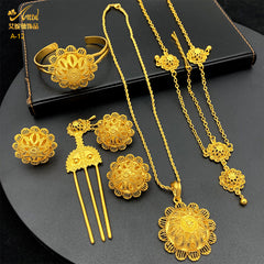 Renevo New Dubai 24K Gold Jewelry Suit African Bridal Necklace Earring Ring Bracelet Hairpin Head Chain Six-Piece Set