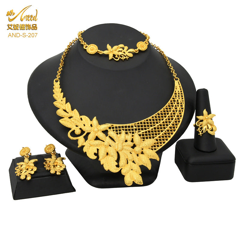 Renevo Nigeria Dubai 24K Gold Jewelry Suit Bridal Necklace Bracelet Earrings Four-Piece Ring Set