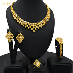 Renevo Fashion Flower Full Diamond Jewelry Four-Piece Necklace Earring Bracelet Ring 24K Gold Middle East Dubai Ornament