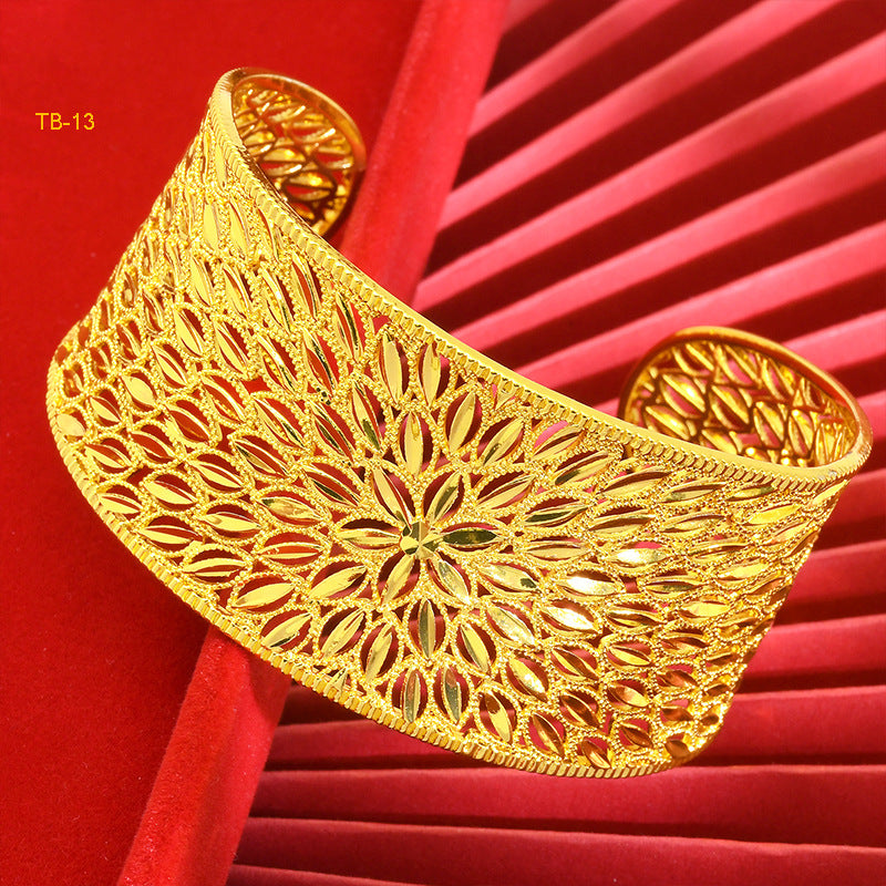 Renevo 24K Gold Plated Exquisite Open Big Copper Bracelet Dubai Women's Vintage Jewelry Ornament Alluvial Gold Bracelet