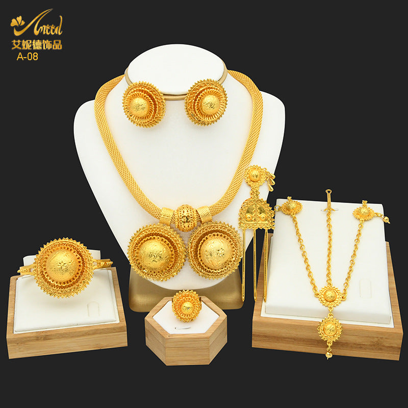 Renevo New Dubai 24K Gold Jewelry Suit African Bridal Necklace Earring Ring Bracelet Hairpin Head Chain Six-Piece Set