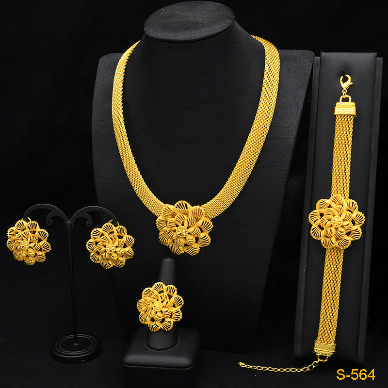 Renevo Hot Sale Fashion Ornament Nigeria Banquet Necklace Earring Bracelet Four-Piece Ring Set in Stock Lot