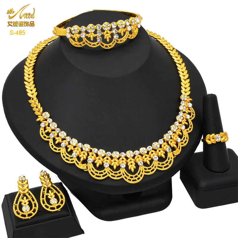 Renevo Dubai Middle East Jewelry Suit Rhinestone Necklace Suit Bracelet Ring Earrings Wedding Necklace Suit in Stock