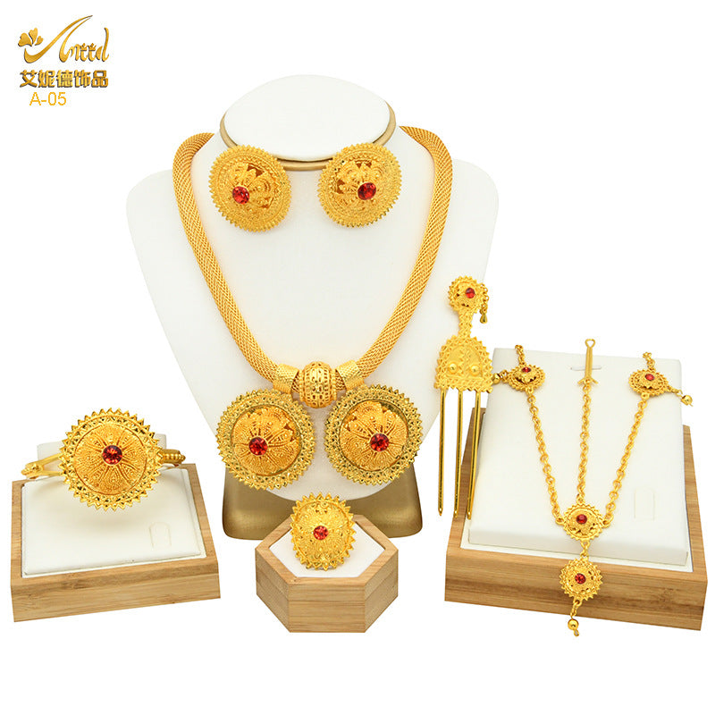 Renevo Hot-Selling Ornament Bridal Ruby Six-Piece Set Dubai Gold-Plated Necklace Earrings Bracelet Ring Headdress