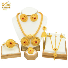 Renevo Hot-Selling Ornament Bridal Ruby Six-Piece Set Dubai Gold-Plated Necklace Earrings Bracelet Ring Headdress