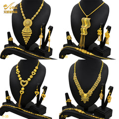 Renevo 2023 Hot Selling Dubai Copper-Plated Gold Long Necklace Earring Bracelet Ring Suit Jewelry Set Women's Jewelry