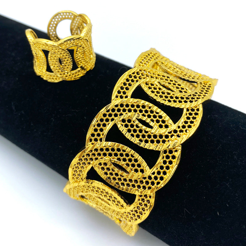 Renevo Middle East Alluvial Gold Bracelet Ring Two-Piece Suit African Dubai Wedding Bridal Hollow Bracelet Manufacturer