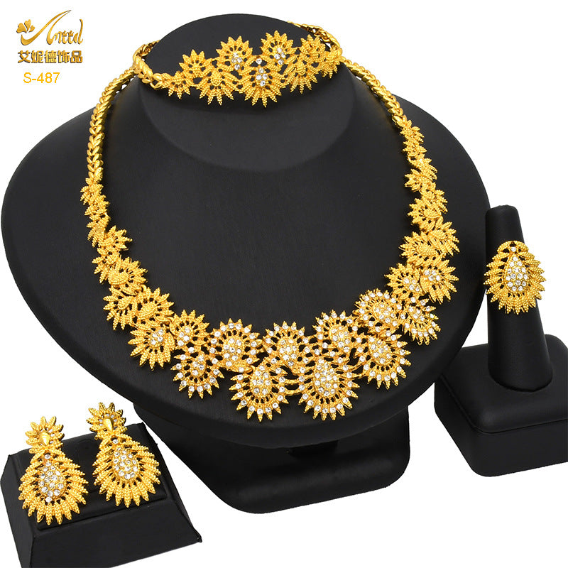 Renevo Dubai Middle East Jewelry Suit Rhinestone Necklace Suit Bracelet Ring Earrings Wedding Necklace Suit in Stock