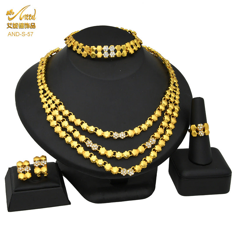 Renevo Delivery Dubai 24K Gold Jewelry Suit Women's Indian Bridal Wedding Necklace Earring Ring Bracelet Four-Piece Set