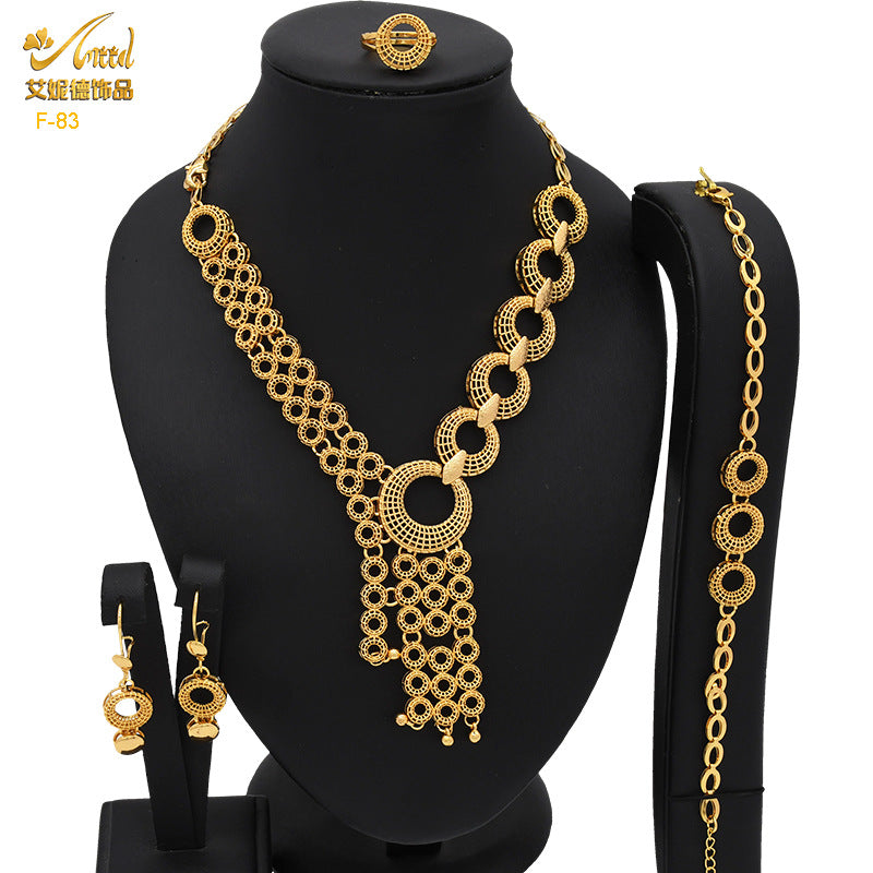 Renevo 2023 Hot Selling Dubai Copper-Plated Gold Long Necklace Earring Bracelet Ring Suit Jewelry Set Women's Jewelry