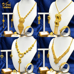 Renevo 2023 Hot Selling Dubai Copper-Plated Gold Long Necklace Earring Bracelet Ring Suit Jewelry Set Women's Jewelry