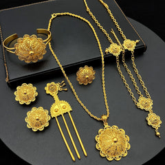 Renevo Dubai Bride 24K Ethiopia Necklace Ring Earrings Bracelet Hairpin Hairpin Six-Piece Set in Stock