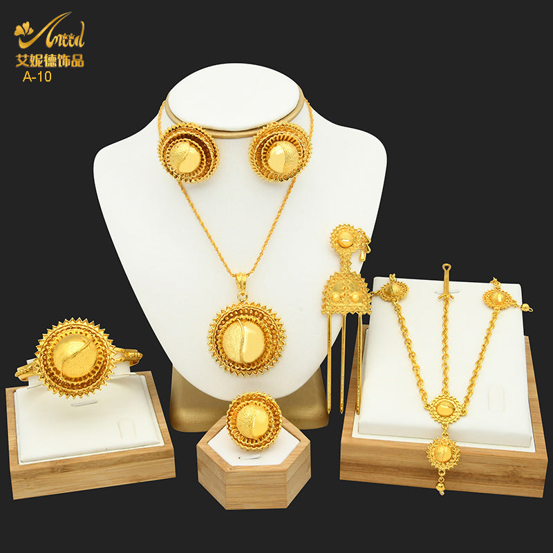 Renevo Dubai Bride 24K Ethiopia Necklace Ring Earrings Bracelet Hairpin Hairpin Six-Piece Set in Stock