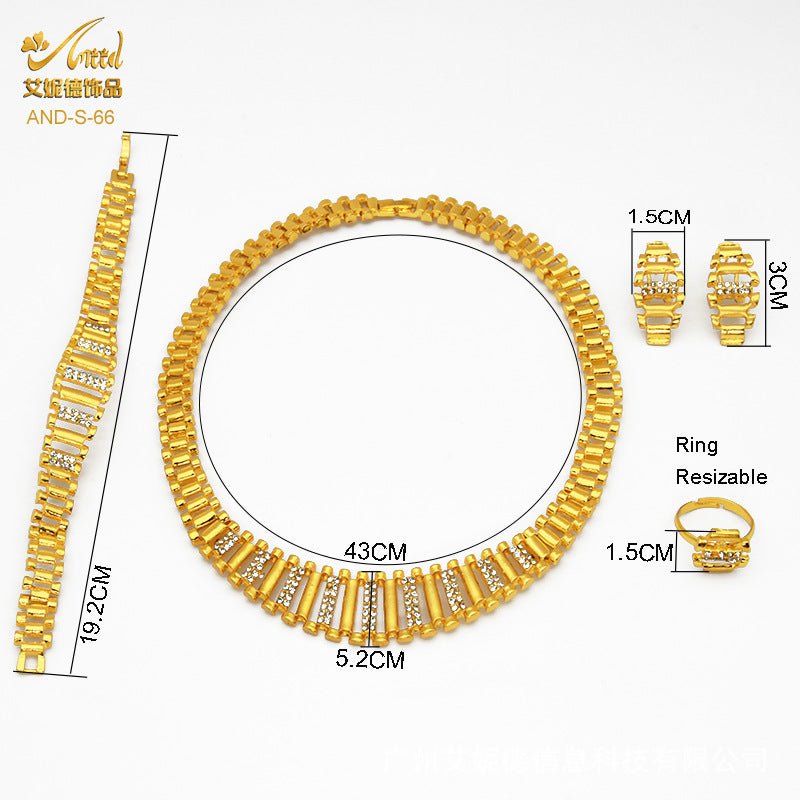 Renevo Dubai Gold Plated Ornament Women's Wedding Jewelry 4 PCs Set Necklace Earring Ring Bracelet Ornament