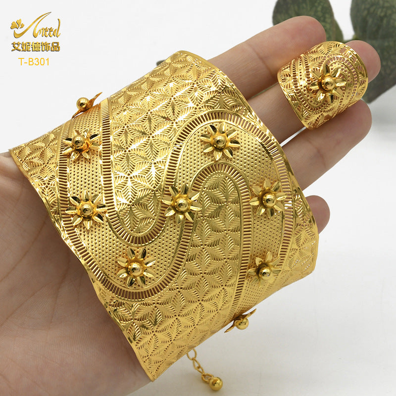 Renevo Fashion Women's Open Hollow Bracelet Vintage Engraving Filigree Vietnam Placer Gold Wedding Bracelet