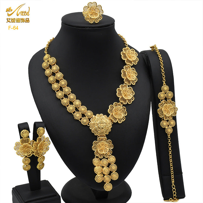 Renevo 2023 Hot Selling Dubai Copper-Plated Gold Long Necklace Earring Bracelet Ring Suit Jewelry Set Women's Jewelry