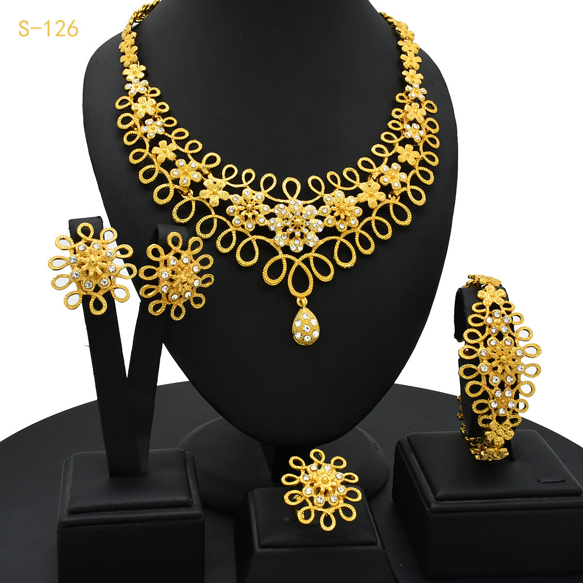 Renevo Dubai 24K Gold Accessories African Bridal Jewelry Suit Saudi Women Necklace Bracelet Earrings Four-Piece Ring Set