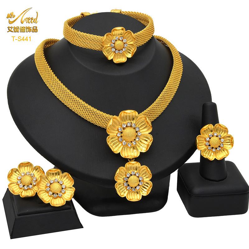 Renevo Hot Selling Four-Piece Set India Dubai Alluvial Gold Jewelry Necklace Bracelet Ring Earrings Bridal Wedding Big Jewelry