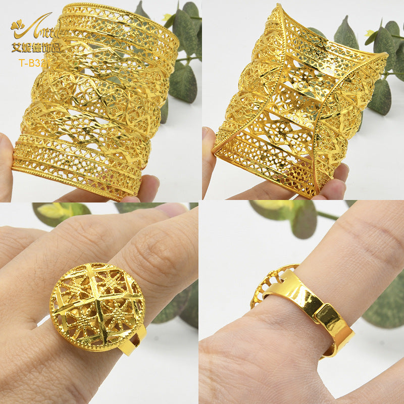 Renevo Open Copper Bracelet Ring Suit Dubai Hollow Carved Gold Plated Ornament Bridal Alluvial Gold Jewelry Manufacturer