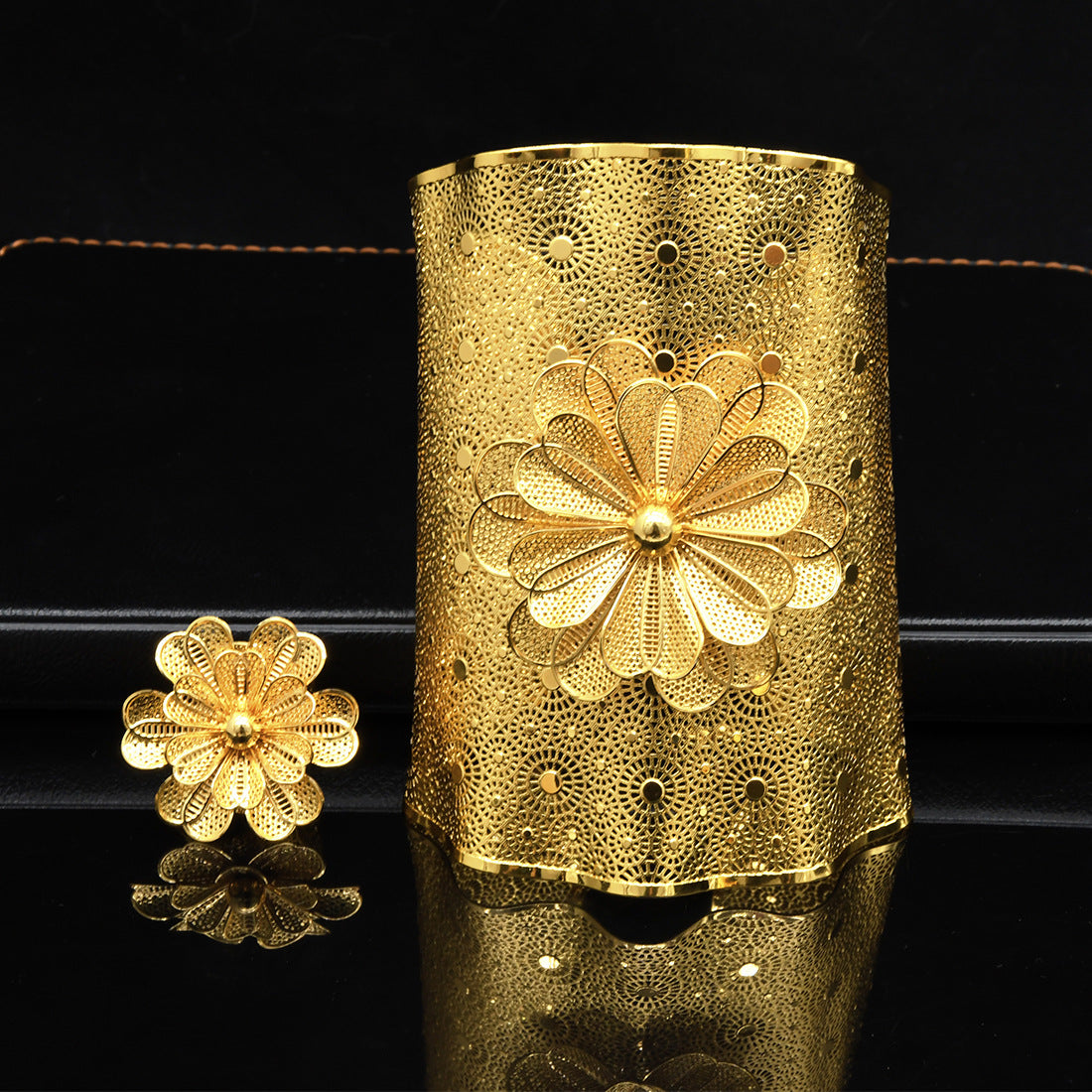 Renevo 24K Gold-Plated Flowers Bracelet & Ring Set Dubai India Nigeria Bridal Hollow out Alluvial Gold Bracelet