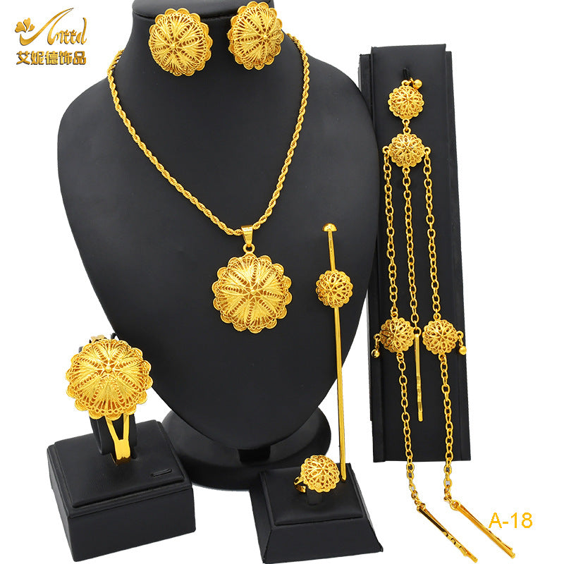 Renevo New Dubai 24K Gold Jewelry Suit African Bridal Necklace Earring Ring Bracelet Hairpin Head Chain Six-Piece Set