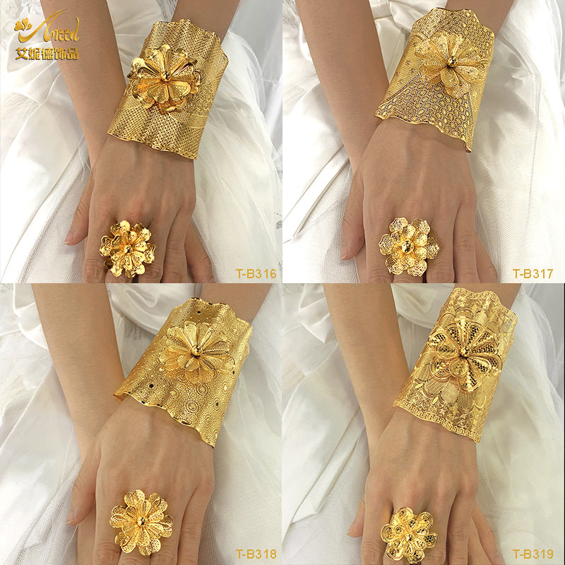 Renevo 24K Gold-Plated Flowers Bracelet & Ring Set Dubai India Nigeria Bridal Hollow out Alluvial Gold Bracelet