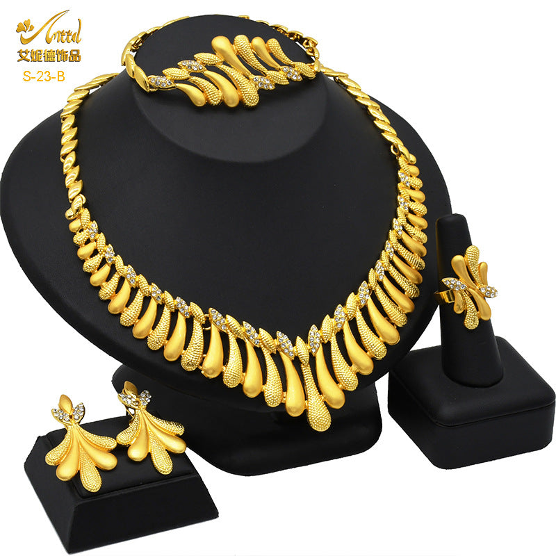 Renevo African Gold Jewelry Suit Women's Dubai Bridal Ornament Necklace Bracelet Earrings Four-Piece Ring Set in Stock Lot