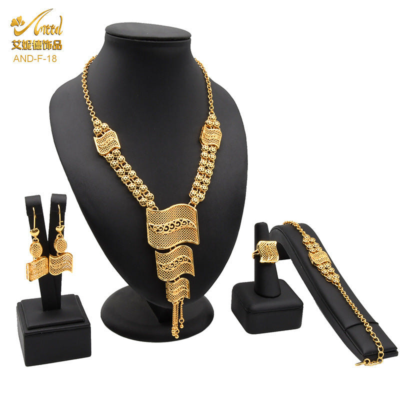 Renevo 2023 Hot Selling Dubai Copper-Plated Gold Long Necklace Earring Bracelet Ring Suit Jewelry Set Women's Jewelry