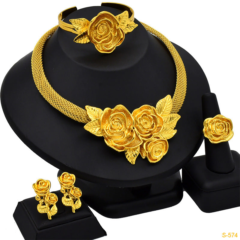 Renevo 24K Dubai Gold Jewelry Suit African Popular Jewelry Earrings Four-Piece Set Factory in Stock