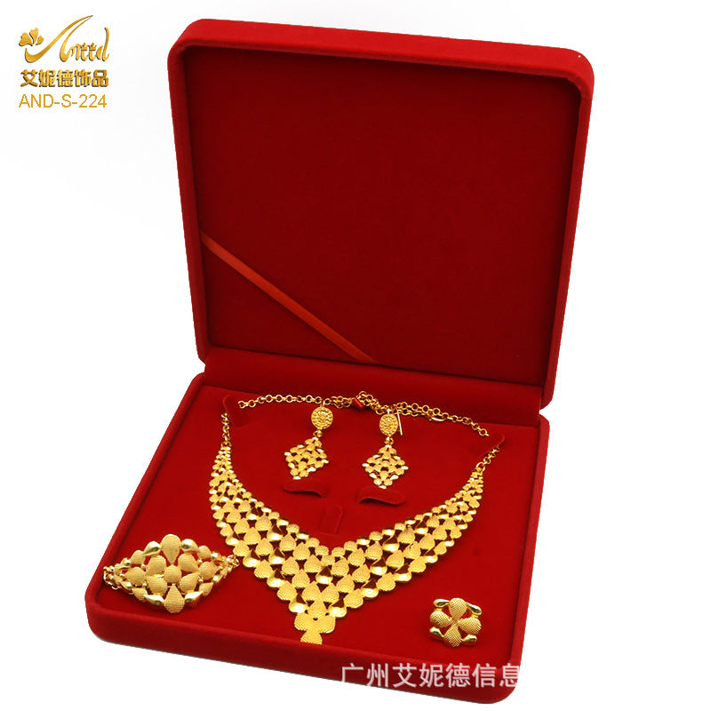 Renevo Nigeria Dubai 24K Gold Jewelry Suit Bridal Necklace Bracelet Earrings Four-Piece Ring Set