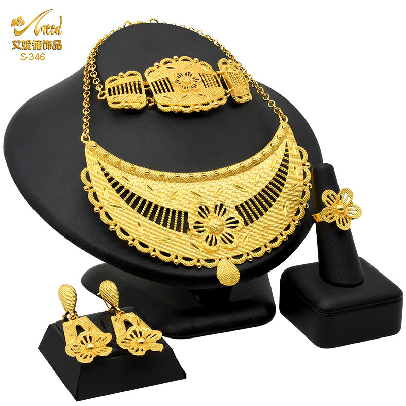 Renevo Nigeria Dubai 24K Gold Jewelry Suit Bridal Necklace Bracelet Earrings Four-Piece Ring Set