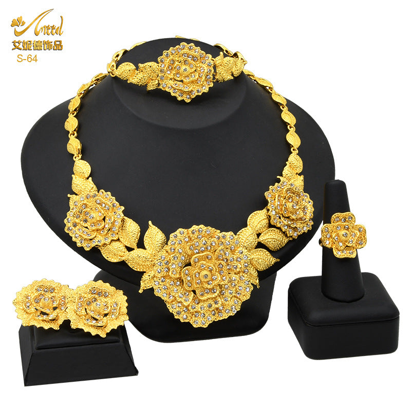 Renevo Dubai 24K Gold Accessories African Bridal Jewelry Suit Saudi Women Necklace Bracelet Earrings Four-Piece Ring Set