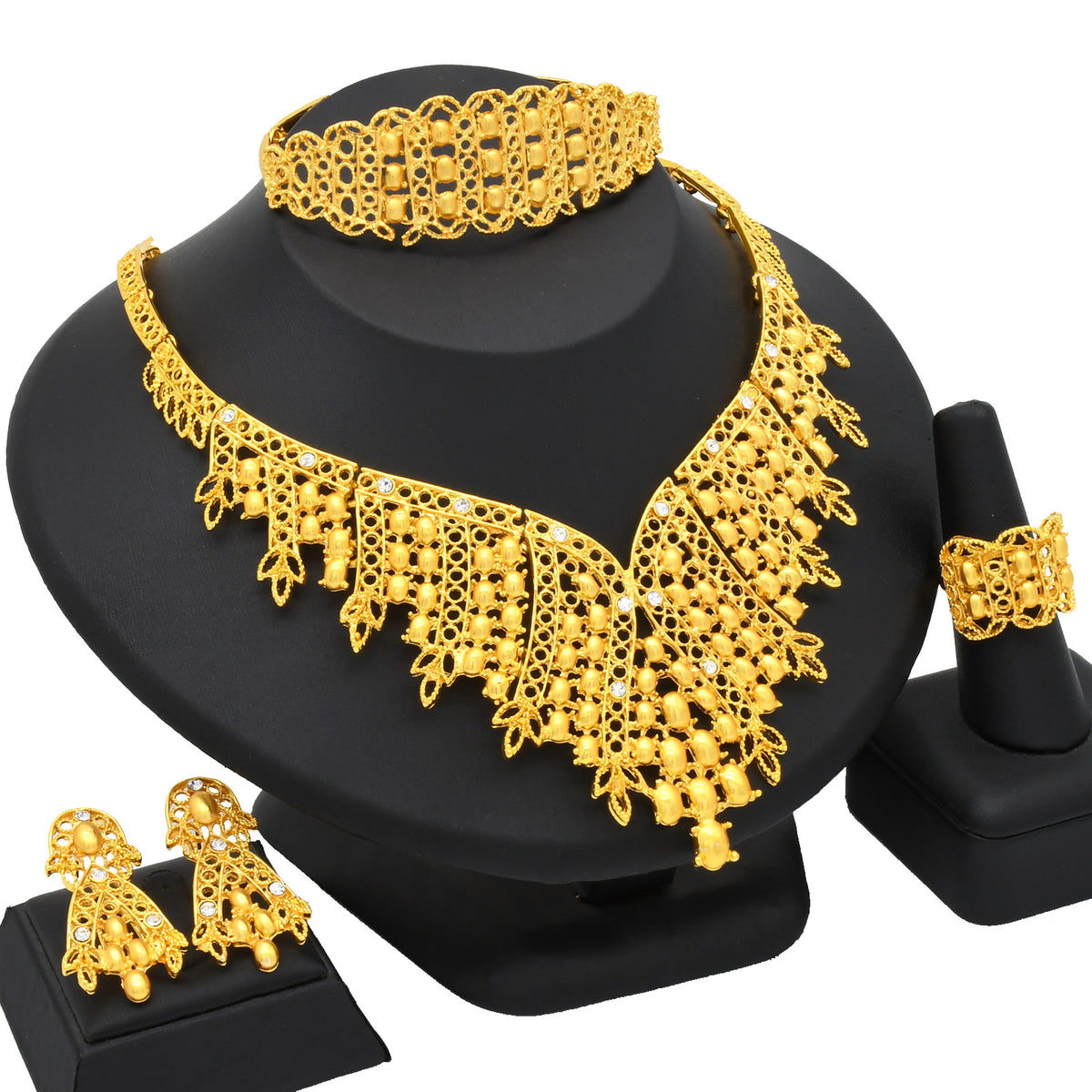 Renevo Hot Selling Four-Piece Set India Dubai Alluvial Gold Jewelry Necklace Bracelet Ring Earrings Bridal Wedding Big Jewelry