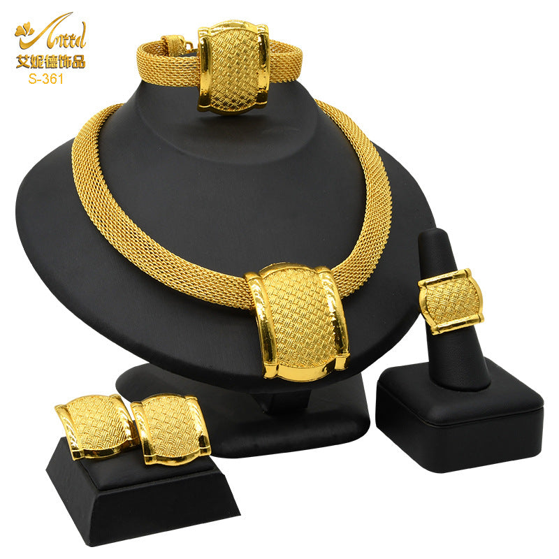 Renevo 24K Dubai Gold Accessories Bridal Necklace Bracelet Earrings Four-Piece Ring Set African Women's Jewelry Suit