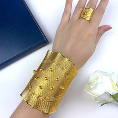 Renevo 24K Gold-Plated Flowers Bracelet & Ring Set Ethnic Style Hollow Copper Bead Bracelet Ring Long Lasting and Does Not Fade