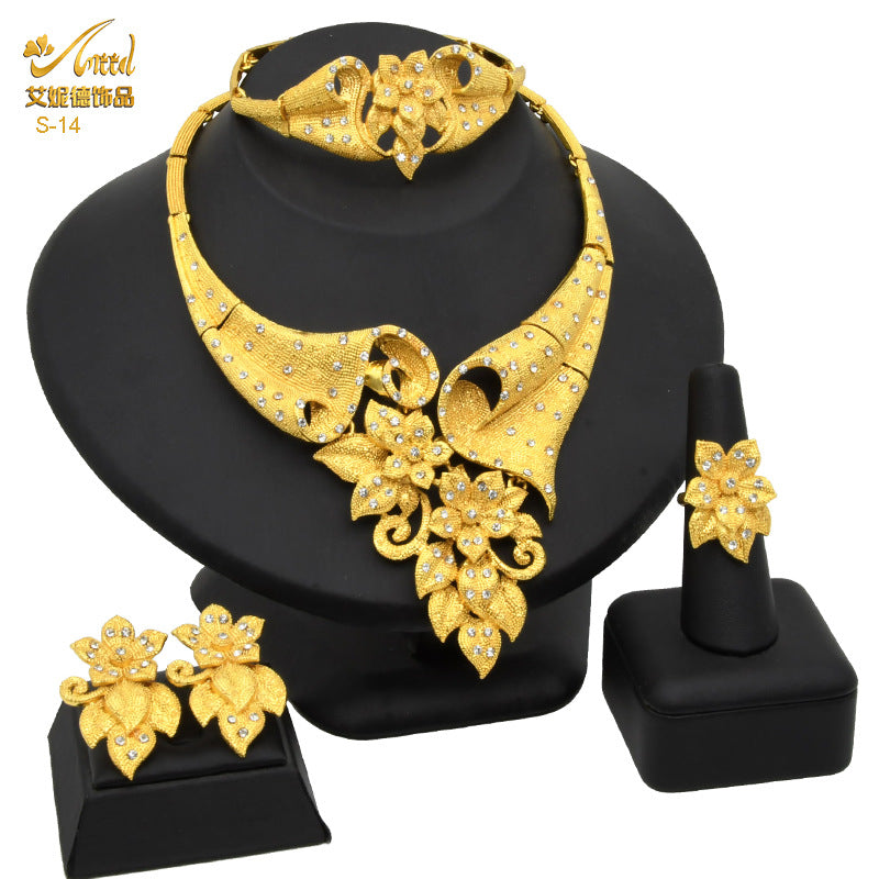 Renevo Dubai Jewelry Suit Women's Wedding Necklace Earring Ring Bracelet Bridal 4 PCs Set Suit